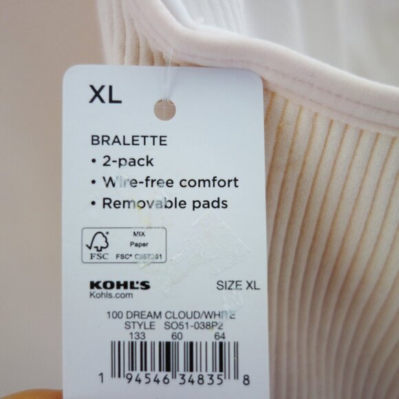 SO 2-Pack Lightly Lined Strappy Seamless Bralette Set White Cream (XL/38B) NWT! - Picture 9 of 11